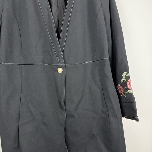 Chico’s Floral Embroidered Ponte Long Jacket Coat 2 US L Black One Button Boho - Picture 5 of 9